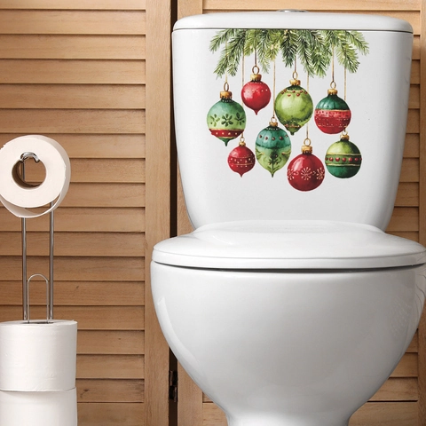 Christmas Toilet Lid Sticker PVC Waterproof Decal With Christmas Balls And Pine Branches For Bathroom Holiday Home Decor