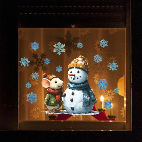 Kerst Vensterstickers Cartoon Muis Sneeuwpop Sneeuwvlok Statische Decals Voor Glazen Deur Winter Vakantie Huis Decoratie