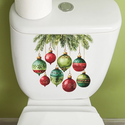 Christmas Toilet Lid Sticker PVC Waterproof Decal With Christmas Balls And Pine Branches For Bathroom Holiday Home Decor