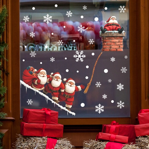 Weihnachten Weihnachtsmann Fensteraufkleber PVC Statisch Abnehmbar Schneeflocke Aufkleber Für Glastür Home Feiertag Party Dekor