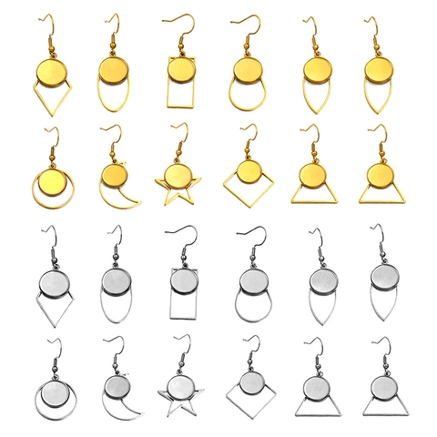 Stainless Steel Geometric Earring Hooks Bezel Settings For DIY Jewelry Making Round Bezel Tray Base Pendants For Handmade Earrings Gold Silver Color