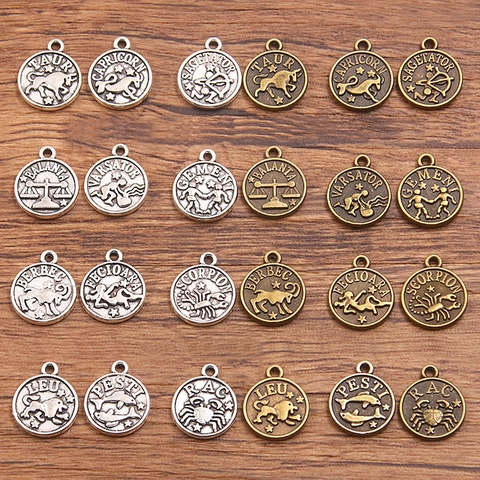 Vintage Zinc Alloy 12 Zodiac Sign Round Charm Pendants For DIY Necklace Bracelet Making Antique Silver Bronze Jewelry Findings