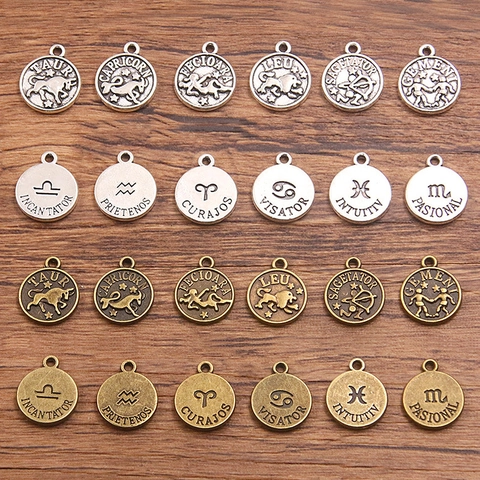 Vintage Zinc Alloy 12 Zodiac Sign Round Charm Pendants For DIY Necklace Bracelet Making Antique Silver Bronze Jewelry Findings