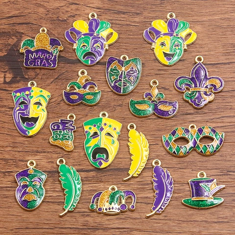 Mardi Gras Alloy Enamel Pendants Glitter Mask Fleur-De-Lis Feather Charms For DIY Jewelry Making Necklaces Party Decor