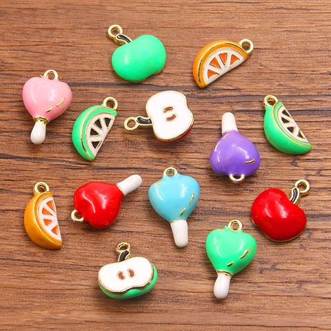 3D Alloy Enamel Fruit Heart Pendants Apple Orange Slice Ice Cream Charms For DIY Jewelry Making Bracelet Necklace Accessories