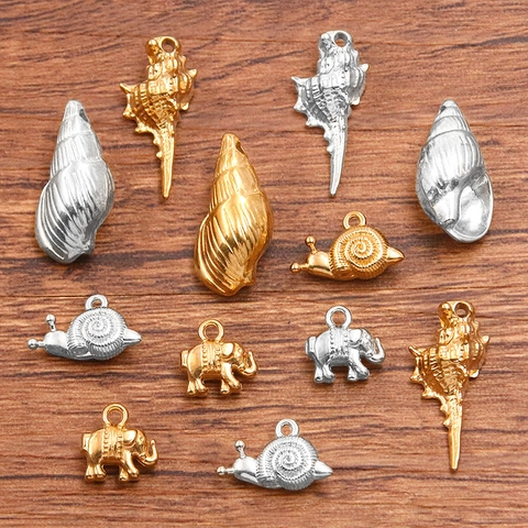 Colgantes de Acero Inoxidable Animales Vida Marina Elefante Caracol Caracola Charms Oro Plata DIY Joyería Manualidades Accesorio