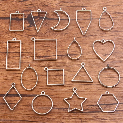 DIY Alloy Hollow Geometric Bezel Pendants For UV Resin Crafting Silver Plated Heart Moon Star Round Waterdrop Frame Charms Jewelry Making Supplies