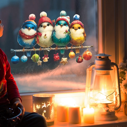 Kerstmis Cartoon Vogels Vensterstickers PVC Statische Kleefkracht Xmas Glas Decals Met Hangende Ornamenten Voor Huis Decoratie