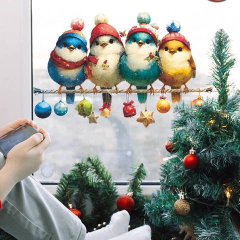 Kerstmis Cartoon Vogels Vensterstickers PVC Statische Kleefkracht Xmas Glas Decals Met Hangende Ornamenten Voor Huis Decoratie