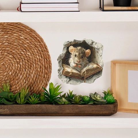 3D Adesivo da Parete Buco del Topo che Legge un Libro Realistico PVC Piccolo Topo Decalcomania per Soggiorno Studio Decorazione Creativa