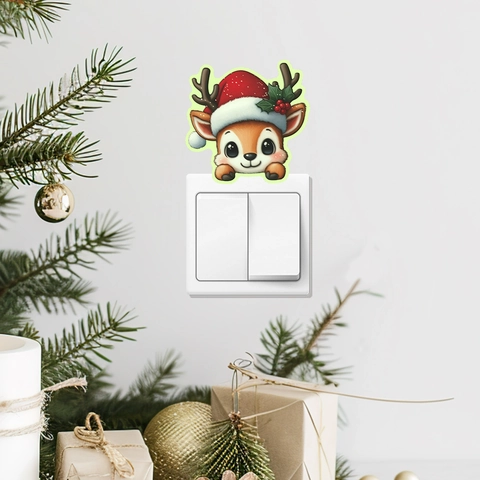 Christmas Reindeer Luminous Switch Sticker Glow In The Dark PVC Waterproof Wall Decal Cartoon Deer Holiday Home Decor