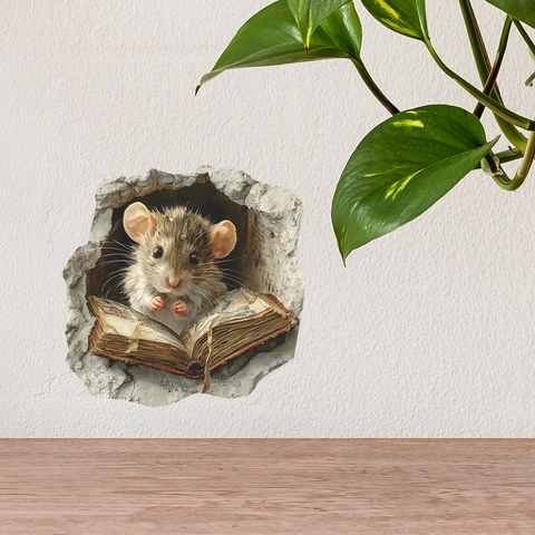 3D Adesivo da Parete Buco del Topo che Legge un Libro Realistico PVC Piccolo Topo Decalcomania per Soggiorno Studio Decorazione Creativa