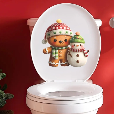 Christmas Toilet Lid Decal Cartoon Gingerbread Man And Snowman Waterproof PVC Bathroom Decoration Removable Holiday Sticker