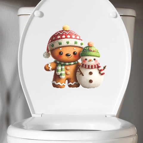 Christmas Toilet Lid Decal Cartoon Gingerbread Man And Snowman Waterproof PVC Bathroom Decoration Removable Holiday Sticker