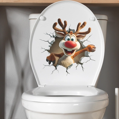 Creative 3D Cartoon Reindeer Toilet Lid Sticker Broken Wall Effect PVC Waterproof Bathroom Decoration Wall Decal For Christmas