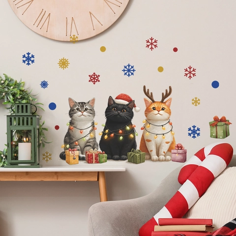 Pegatinas De Pared De Gatos De Navidad Copos De Nieve Caja De Regalo Calcomanías Para Sala De Estar Dormitorio Decoración