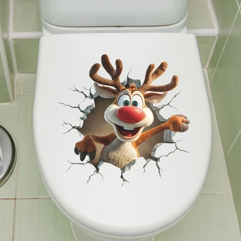 Creative 3D Cartoon Reindeer Toilet Lid Sticker Broken Wall Effect PVC Waterproof Bathroom Decoration Wall Decal For Christmas