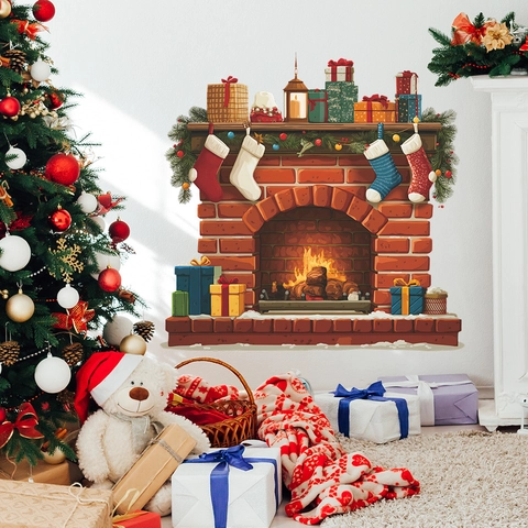 Christmas Burning Fireplace Wall Stickers Removable PVC Self-Adhesive Festive Backdrop Decor For Living Room Dining Room