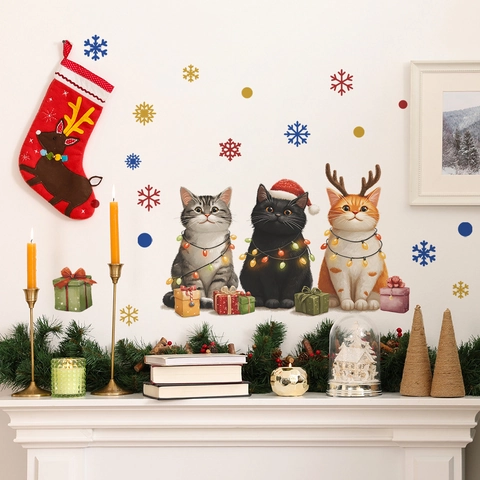 Pegatinas De Pared De Gatos De Navidad Copos De Nieve Caja De Regalo Calcomanías Para Sala De Estar Dormitorio Decoración