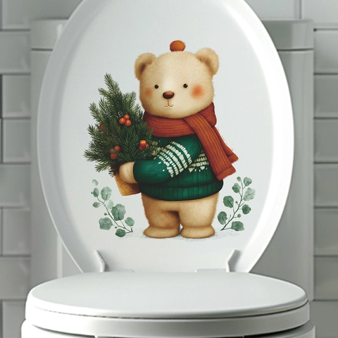 Pegatina para Tapa de Inodoro de Oso de Navidad Dibujos Animados PVC Impermeable Oso con Árbol de Navidad Vinilo de Pared para Baño