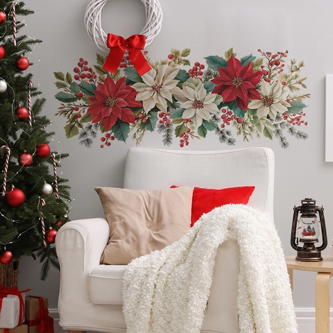 Pegatina de Pared Floral de Navidad PVC Flor de Pascua Rama de Pino Baya Roja Decoración Festiva Hogar para Sala de Estar Dormitorio