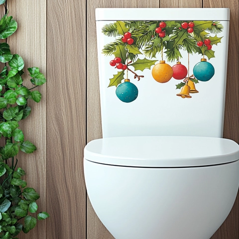 Sticker de Toilette de Noël Aiguilles de Pin Baies Boules PVC Imperméable Auto-Adhésif Décoration de Couvercle de Bain