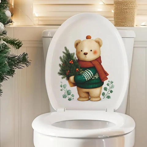 Pegatina para Tapa de Inodoro de Oso de Navidad Dibujos Animados PVC Impermeable Oso con Árbol de Navidad Vinilo de Pared para Baño
