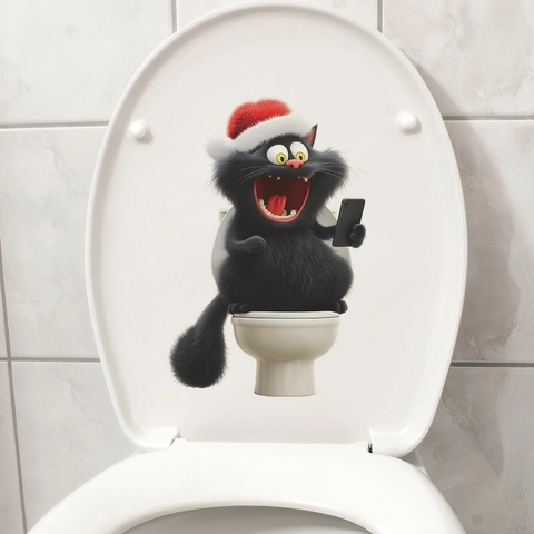 Funny Christmas Cat Toilet Sticker Humorous 3D Black Cat Sitting On Toilet Playing Phone Waterproof PVC Bathroom Decal