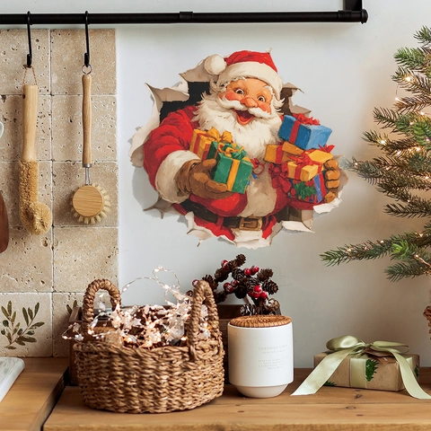 Sticker Mural 3D Père Noël Effet Mur Brisé PVC Auto-adhésif Décalcomanie Décorative pour Salon Maison Décoration de Vacances