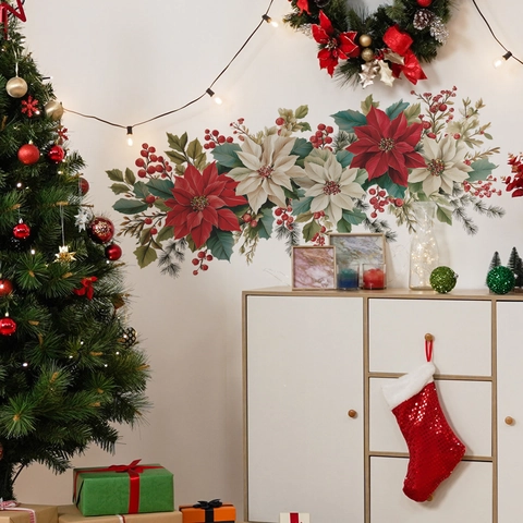 Pegatina de Pared Floral de Navidad PVC Flor de Pascua Rama de Pino Baya Roja Decoración Festiva Hogar para Sala de Estar Dormitorio