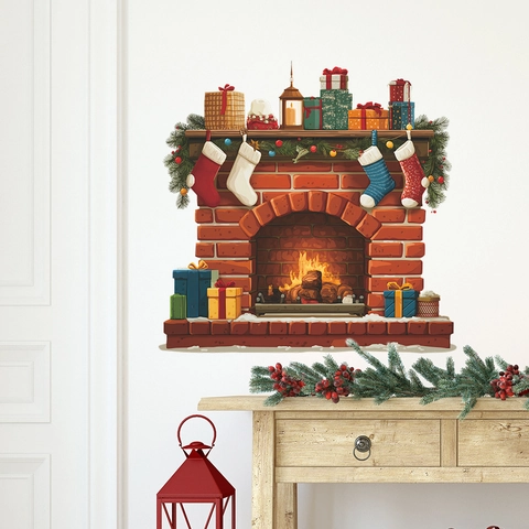 Christmas Burning Fireplace Wall Stickers Removable PVC Self-Adhesive Festive Backdrop Decor For Living Room Dining Room