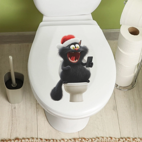 Funny Christmas Cat Toilet Sticker Humorous 3D Black Cat Sitting On Toilet Playing Phone Waterproof PVC Bathroom Decal