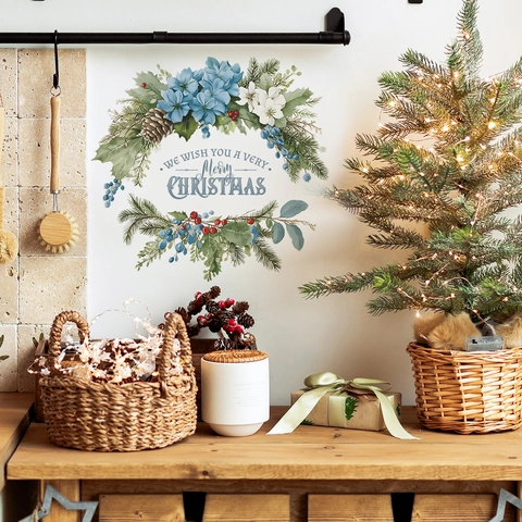 Adesivo da Parete Ghirlanda di Fiori di Natale Con Scritta Merry Christmas PVC Decalcomania Decorativa per Soggiorno Casa