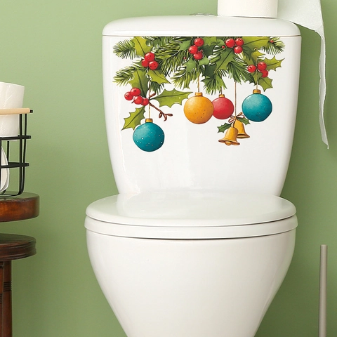 Sticker de Toilette de Noël Aiguilles de Pin Baies Boules PVC Imperméable Auto-Adhésif Décoration de Couvercle de Bain
