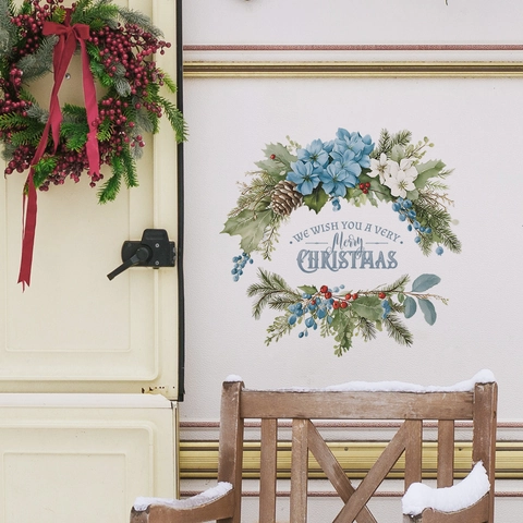 Adesivo da Parete Ghirlanda di Fiori di Natale Con Scritta Merry Christmas PVC Decalcomania Decorativa per Soggiorno Casa