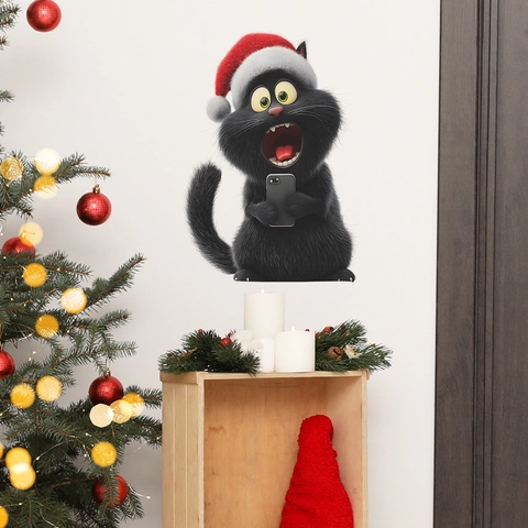 Pegatina de Pared de Gato Negro de Dibujos Animados de Navidad Jugando Smartphone PVC Extraíble Calcomanía de Ventana de Gato