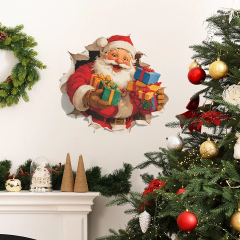 Sticker Mural 3D Père Noël Effet Mur Brisé PVC Auto-adhésif Décalcomanie Décorative pour Salon Maison Décoration de Vacances