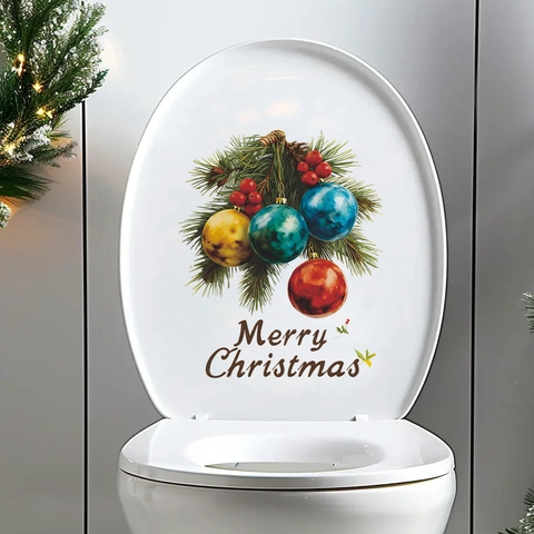 Christmas Toilet Sticker PVC Merry Christmas Pine Needle Red Berry Removable Decal For Bathroom Holiday Home Decoration