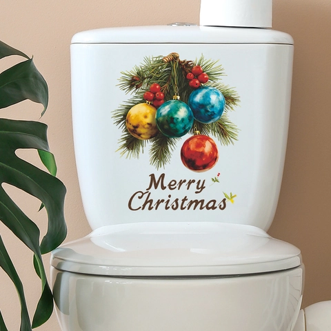 Christmas Toilet Sticker PVC Merry Christmas Pine Needle Red Berry Removable Decal For Bathroom Holiday Home Decoration