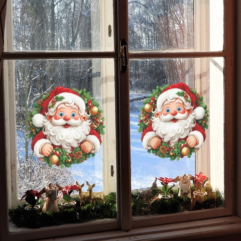 Weihnachten Weihnachtsmann Kranz Fensteraufkleber PVC Elektrostatisch Ohne Kleber Abnehmbar Glastür Aufkleber Festliche Haus Deko