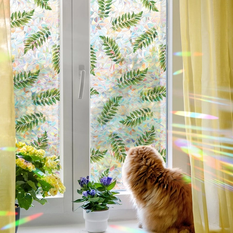 Regenbogen Laser Tropisch Grüne Blätter Fensterfolie Statische Haftung Sichtschutz Glasaufkleber Dekorative Prisma Folie Heim Bad