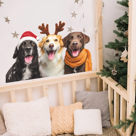 Christmas Dog Wall Stickers PVC Cute Pets Wearing Santa Hat Reindeer Antlers For Window Kitchen Home Decor Holiday Decal