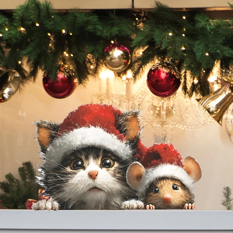 Weihnachten Katze Und Maus Statische Fensteraufkleber PVC Feiertagsdeko Aufkleber Für Glastüren Und Fenster Home Decor