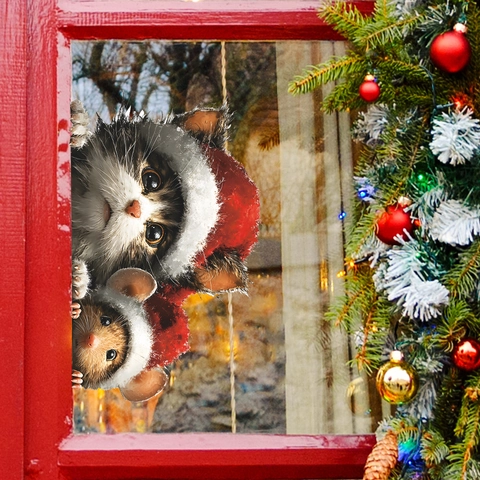 Weihnachten Katze Und Maus Statische Fensteraufkleber PVC Feiertagsdeko Aufkleber Für Glastüren Und Fenster Home Decor