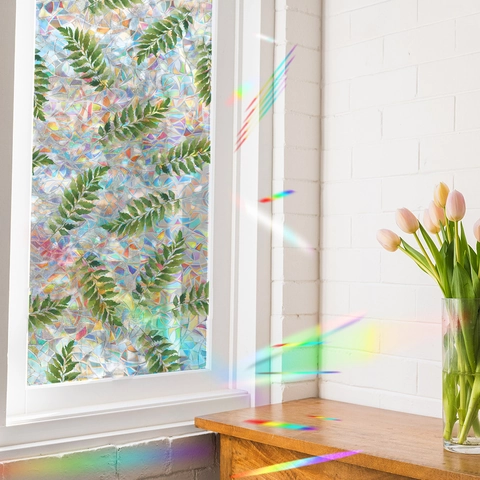 Regenbogen Laser Tropisch Grüne Blätter Fensterfolie Statische Haftung Sichtschutz Glasaufkleber Dekorative Prisma Folie Heim Bad
