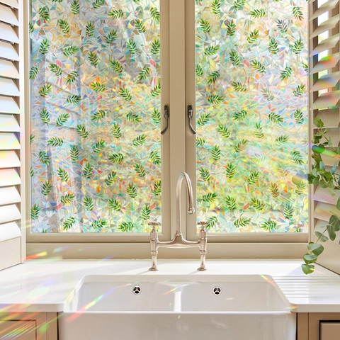 Regenbogen Sichtschutzfolie Fenster Statisch Haftend 3D Glasaufkleber Grünes Blatt Laser Prisma Effekt Selbstklebend Haus Deko