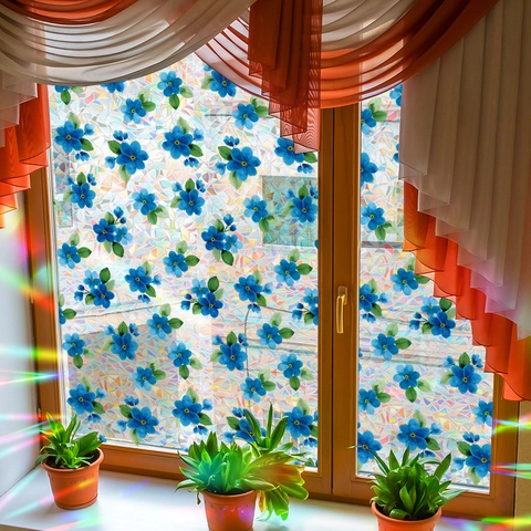 Regenbogen Prisma Fensterfolie Statisch Haftend Privatsphäre Glasaufkleber Blau Floral Blätter Dekorativ Ohne Kleber Home Decor