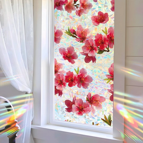 3D Regenboog Vensterfolie Privacy Statisch Hechtend Decoratieve Glassticker Roze Bloemen Aquarel Patroon Voor Thuis Kantoor