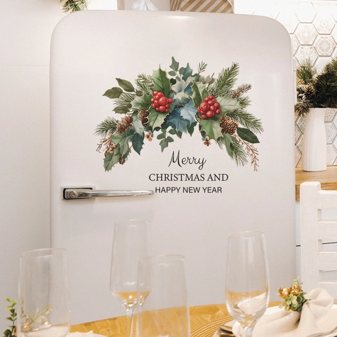 Christmas PVC Wall Sticker Watercolor Pine Cone Red Berry Garland Merry Christmas Happy New Year Home Decor Window Decal