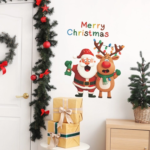 Cartoon Christmas Santa Claus Reindeer Wall Sticker PVC Merry Christmas Lettering Decal For Home Holiday Decoration